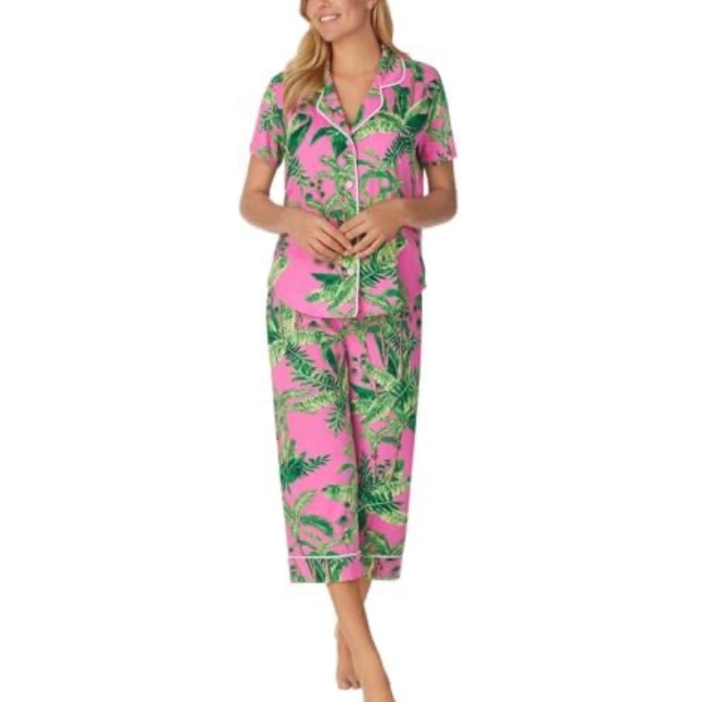 Room Service Pink Tropical Palm Leaf Pajama Set Short Sleeve Top Crop Pants M